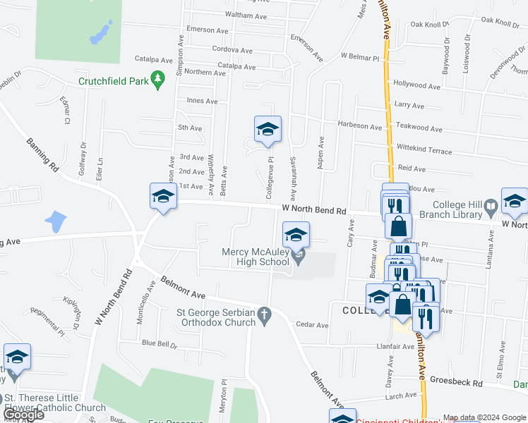 map of restaurants, bars, coffee shops, grocery stores, and more near 6059 Oakwood Avenue in Cincinnati