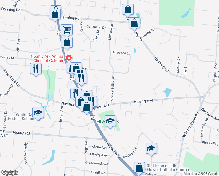 map of restaurants, bars, coffee shops, grocery stores, and more near 5826 Monfort Hills Avenue in Cincinnati