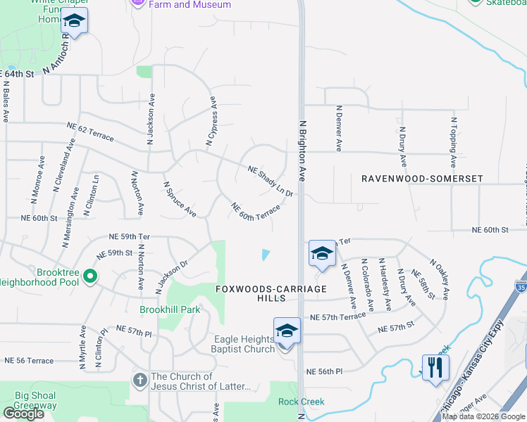 map of restaurants, bars, coffee shops, grocery stores, and more near 4701 Northeast 60th Terrace in Kansas City