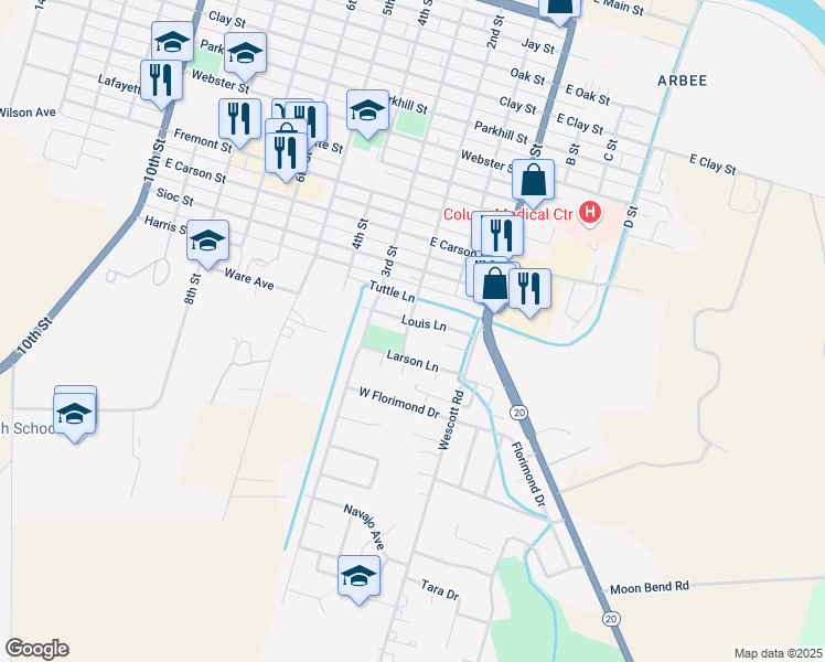 map of restaurants, bars, coffee shops, grocery stores, and more near 148 Larson Lane in Colusa