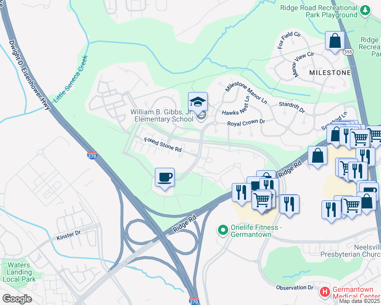 map of restaurants, bars, coffee shops, grocery stores, and more near 12705 Found Stone Road in Germantown