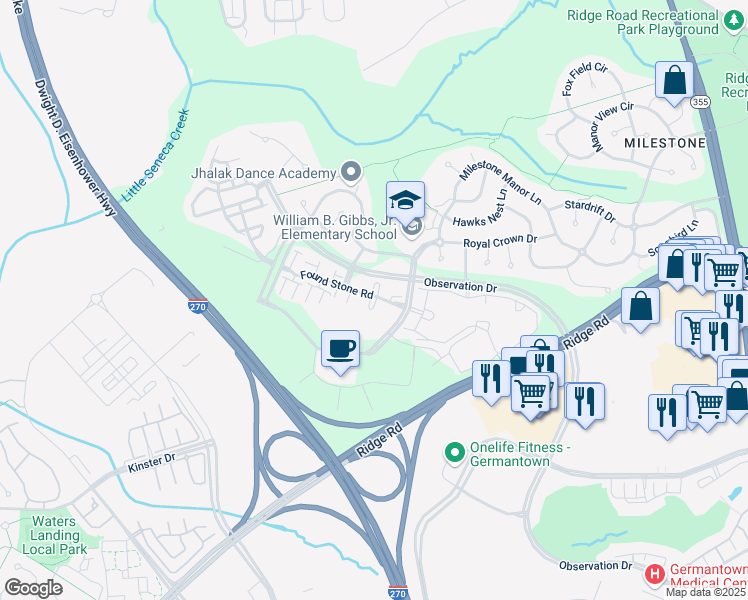 map of restaurants, bars, coffee shops, grocery stores, and more near 12708 Found Stone Road in Germantown