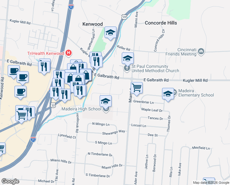 map of restaurants, bars, coffee shops, grocery stores, and more near 8126 Lancewood Court in Cincinnati
