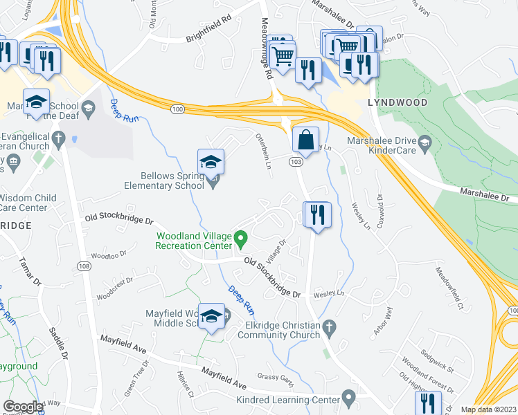 map of restaurants, bars, coffee shops, grocery stores, and more near 7809 Old Litchfield Lane in Ellicott City