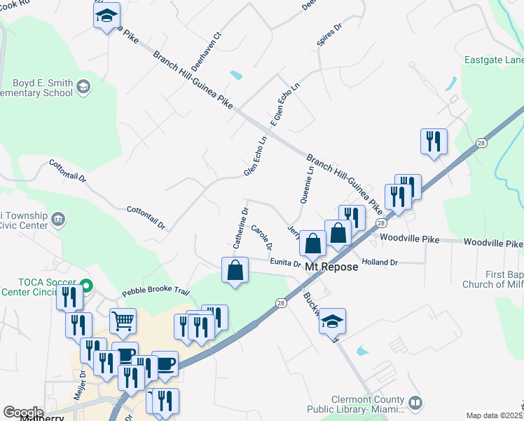 map of restaurants, bars, coffee shops, grocery stores, and more near 6072 Jerry-Lee Drive in Milford