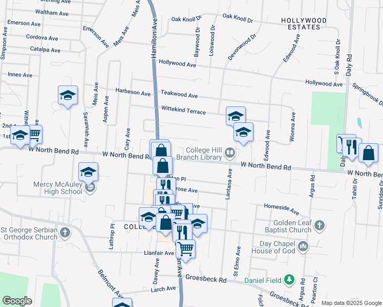 map of restaurants, bars, coffee shops, grocery stores, and more near 1508 West North Bend Road in Cincinnati