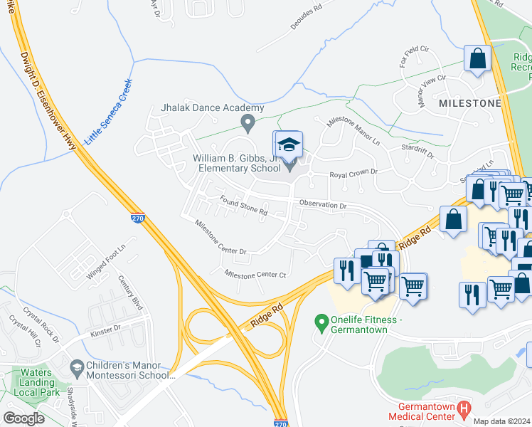 map of restaurants, bars, coffee shops, grocery stores, and more near 12700 Found Stone Road in Germantown