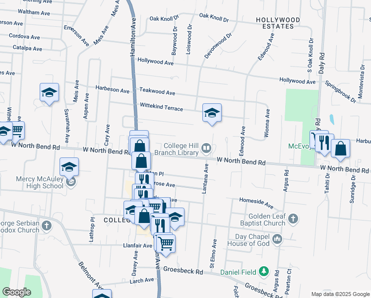 map of restaurants, bars, coffee shops, grocery stores, and more near 1430 West North Bend Road in Cincinnati