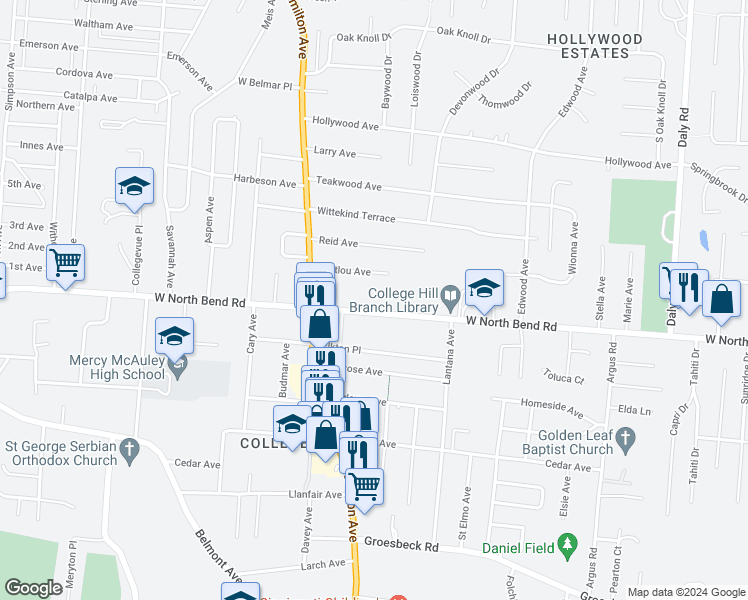 map of restaurants, bars, coffee shops, grocery stores, and more near 1521 Wittlou Avenue in Cincinnati