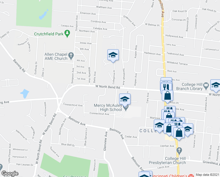 map of restaurants, bars, coffee shops, grocery stores, and more near 6216 Collegevue Place in Cincinnati