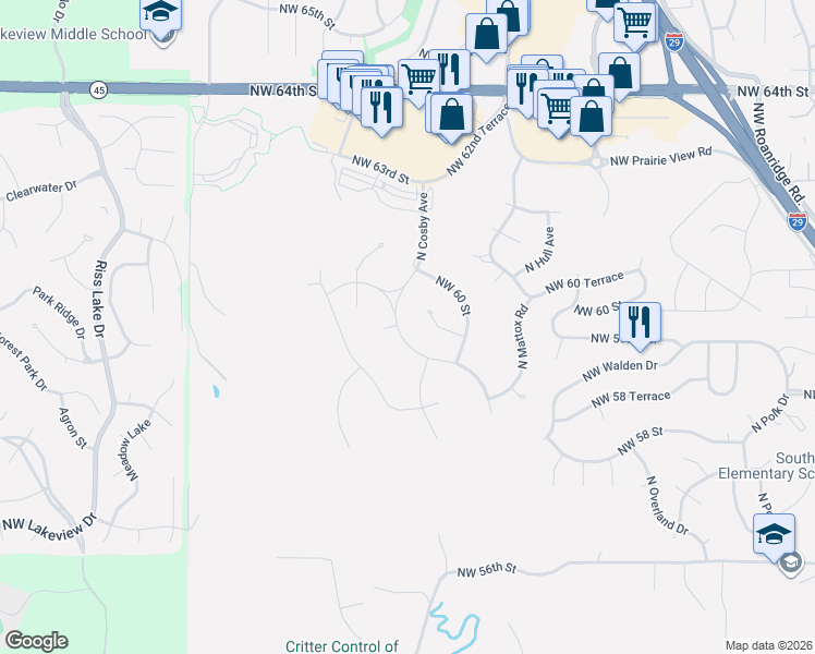map of restaurants, bars, coffee shops, grocery stores, and more near 6020 North Cosby Court in Kansas City