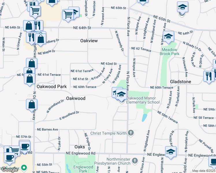 map of restaurants, bars, coffee shops, grocery stores, and more near 6006 North Tracy Avenue in Kansas City