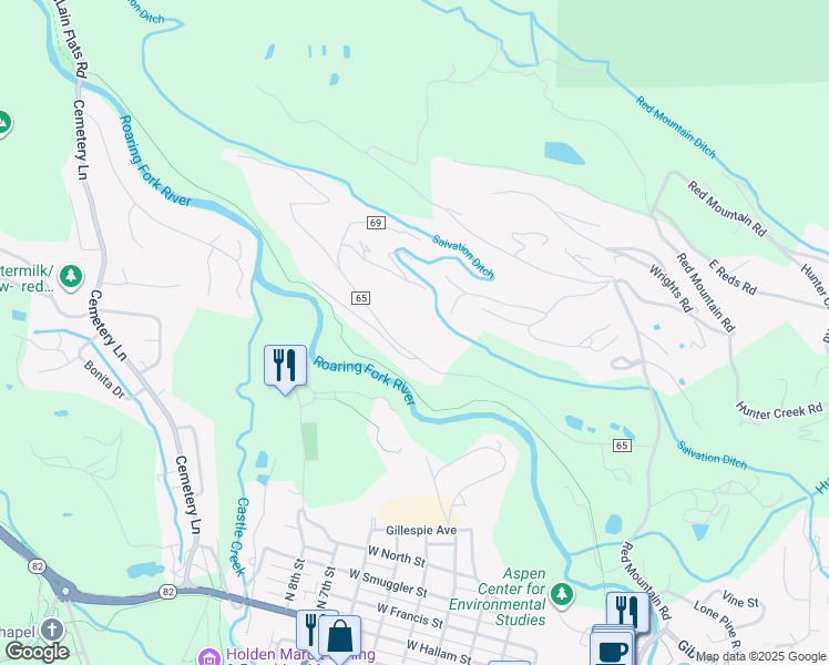 map of restaurants, bars, coffee shops, grocery stores, and more near 667 Willoughby Way in Aspen