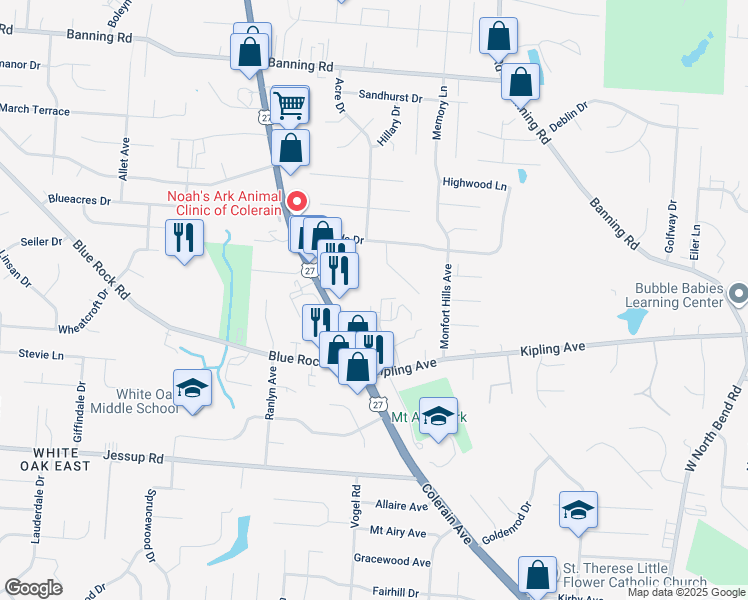 map of restaurants, bars, coffee shops, grocery stores, and more near 5899 Shadymist Lane in Cincinnati