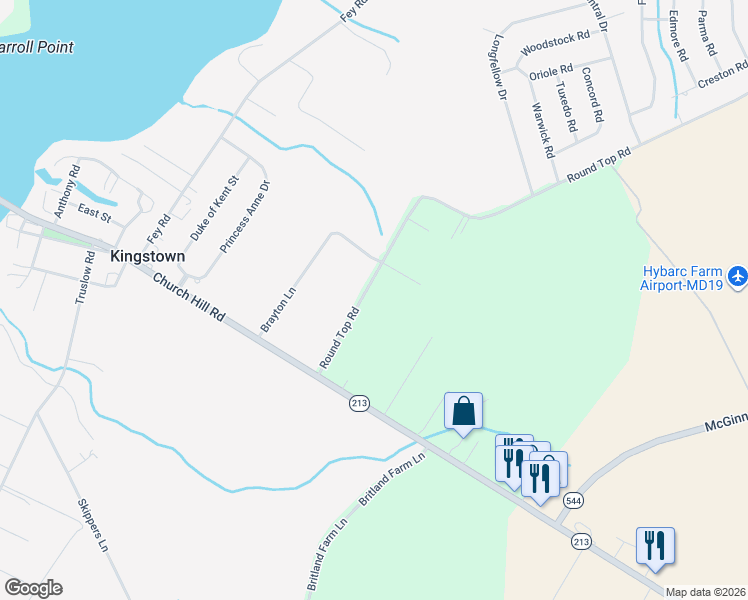 map of restaurants, bars, coffee shops, grocery stores, and more near 212 Round Top Road in Chestertown