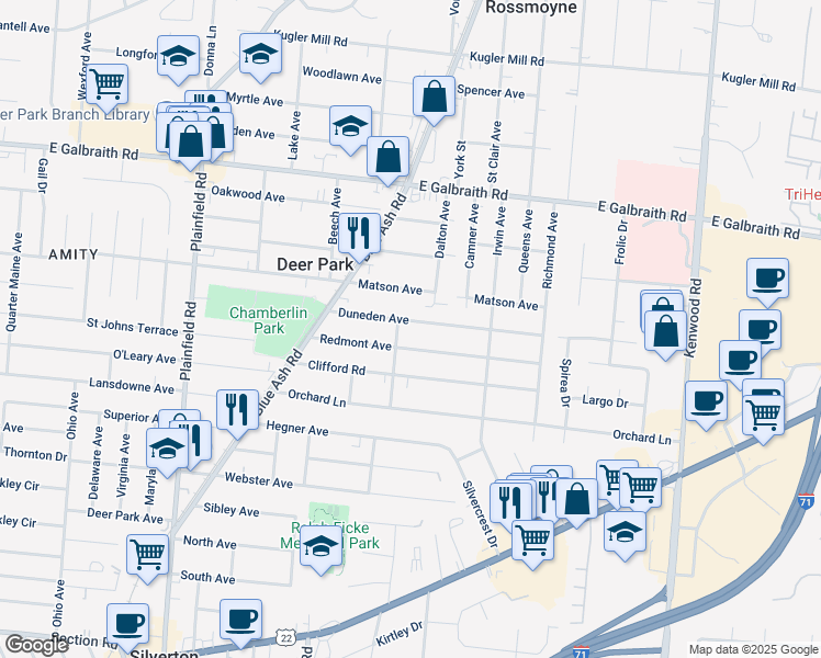 map of restaurants, bars, coffee shops, grocery stores, and more near 4270 Duneden Avenue in Cincinnati