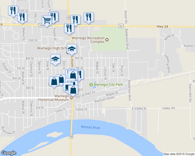 map of restaurants, bars, coffee shops, grocery stores, and more near 533 6th Street in Wamego