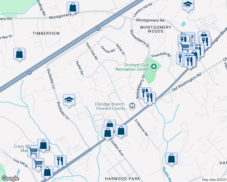 map of restaurants, bars, coffee shops, grocery stores, and more near 7709 Ken Dannager Court in Elkridge