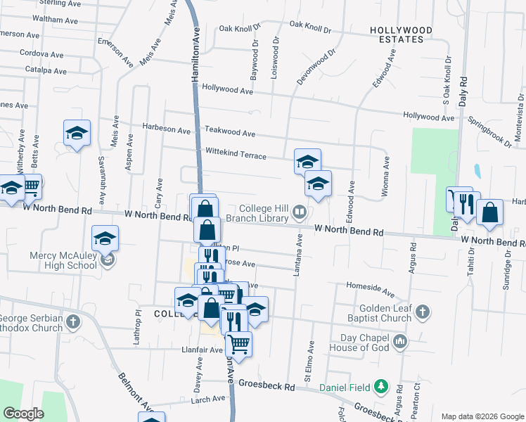 map of restaurants, bars, coffee shops, grocery stores, and more near 1521 Wittlou Avenue in Cincinnati