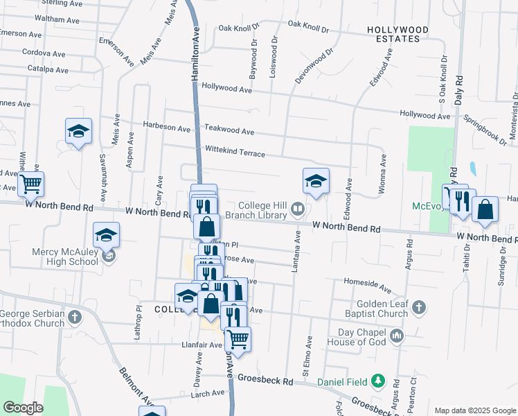 map of restaurants, bars, coffee shops, grocery stores, and more near 1521 Wittlou Avenue in Cincinnati