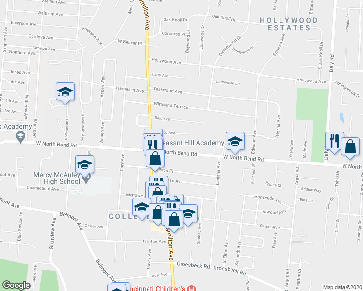 map of restaurants, bars, coffee shops, grocery stores, and more near 1521 Wittlou Avenue in Cincinnati