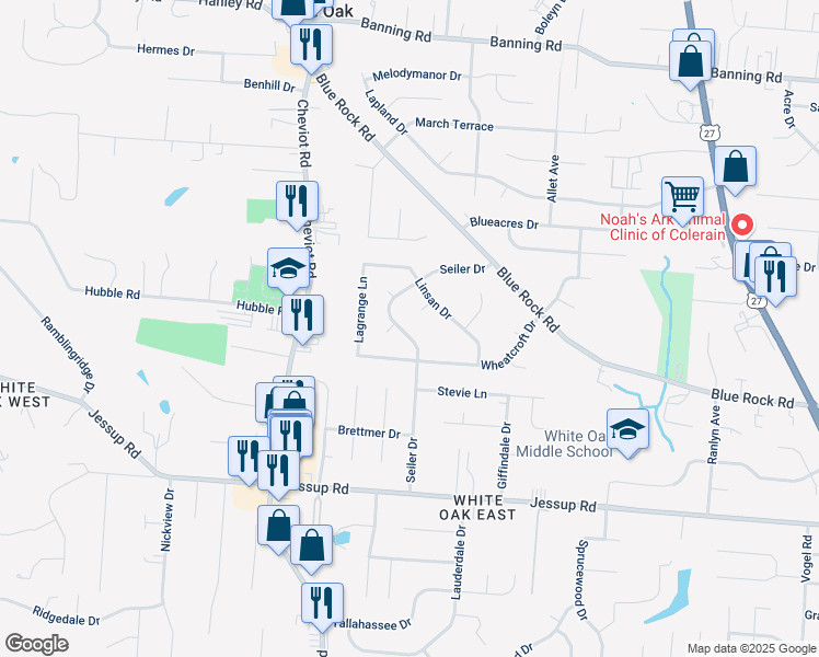 map of restaurants, bars, coffee shops, grocery stores, and more near 6187 Jimbet Court in Cincinnati