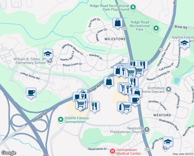 map of restaurants, bars, coffee shops, grocery stores, and more near 12206 Emerald Way in Germantown