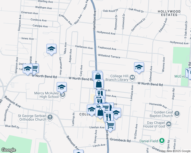 map of restaurants, bars, coffee shops, grocery stores, and more near 6211 Hamilton Avenue in Cincinnati