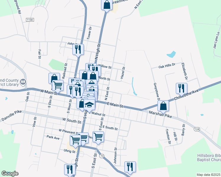 map of restaurants, bars, coffee shops, grocery stores, and more near 204 North East Street in Hillsboro
