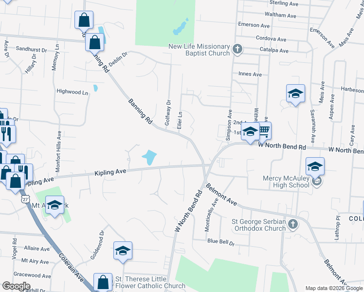 map of restaurants, bars, coffee shops, grocery stores, and more near 5875 Renee Court in Cincinnati