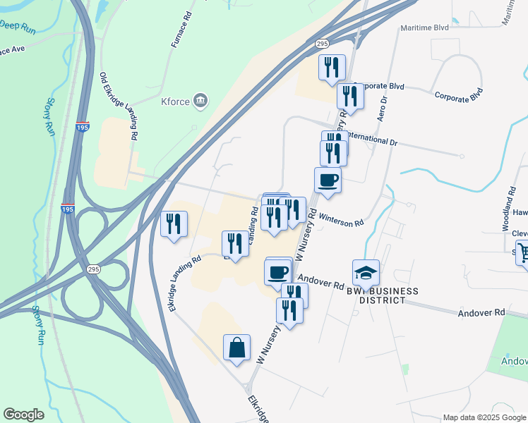 map of restaurants, bars, coffee shops, grocery stores, and more near 939 Elkridge Landing Road in Linthicum Heights