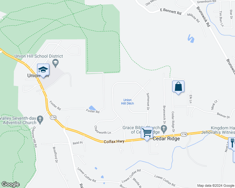 map of restaurants, bars, coffee shops, grocery stores, and more near 13049 Somerset Drive in Grass Valley