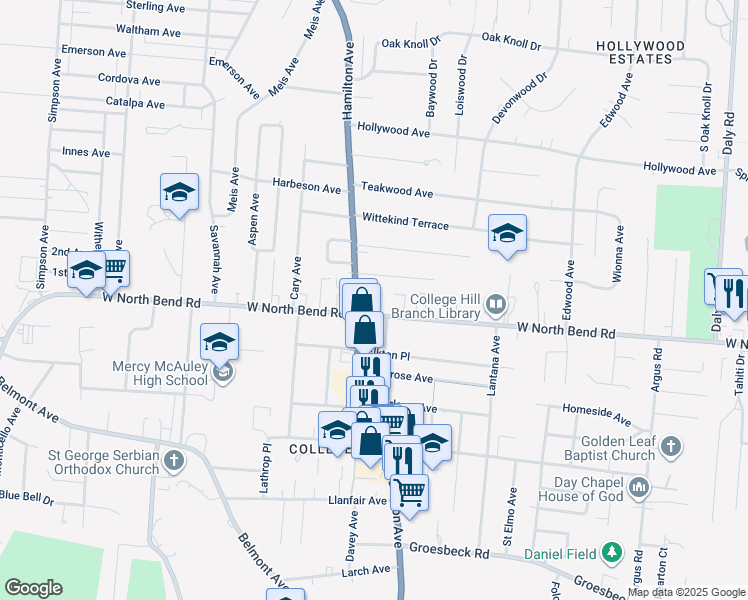map of restaurants, bars, coffee shops, grocery stores, and more near 6230 Hamilton Avenue in Cincinnati