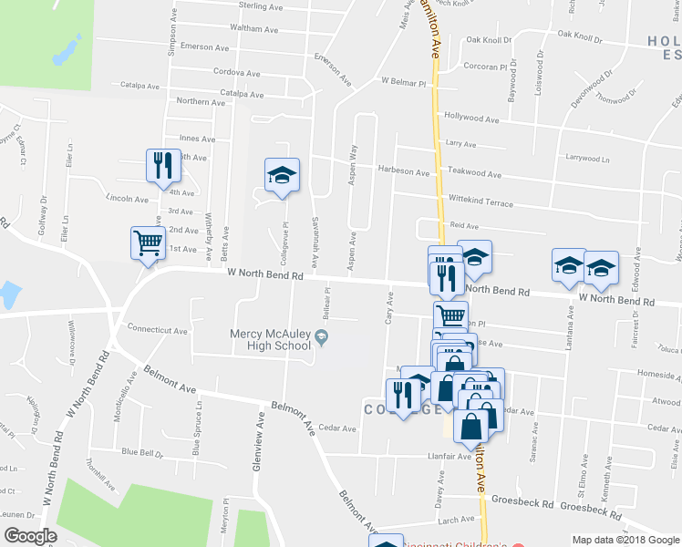 map of restaurants, bars, coffee shops, grocery stores, and more near 6216 Aspen Avenue in Cincinnati