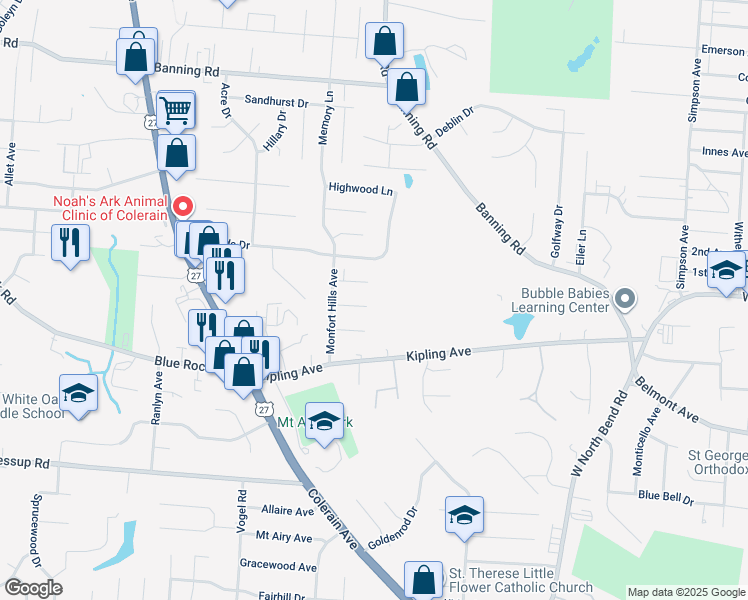 map of restaurants, bars, coffee shops, grocery stores, and more near 2501 Flanigan Court in Cincinnati