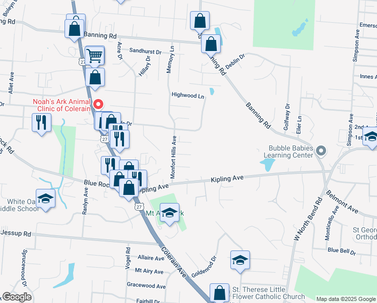 map of restaurants, bars, coffee shops, grocery stores, and more near 2501 Flanigan Court in Cincinnati
