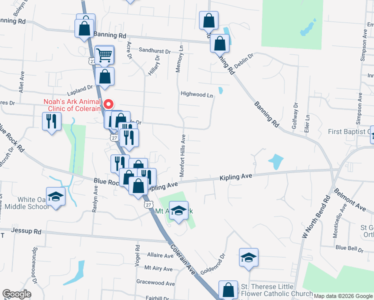 map of restaurants, bars, coffee shops, grocery stores, and more near 2537 Flanigan Court in Cincinnati