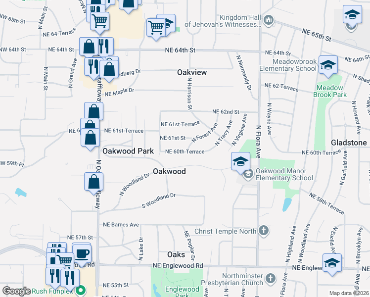 map of restaurants, bars, coffee shops, grocery stores, and more near 905 Northeast 61st Street in Gladstone
