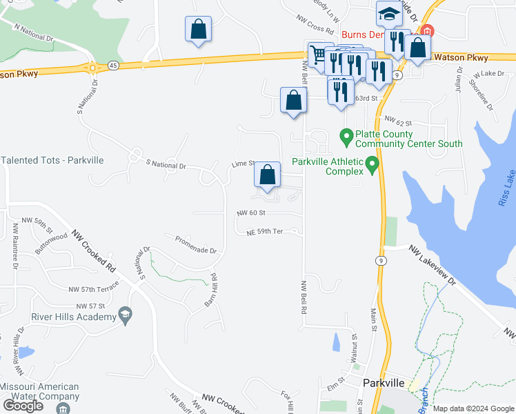 map of restaurants, bars, coffee shops, grocery stores, and more near 9504 Northwest 60 Street in Parkville