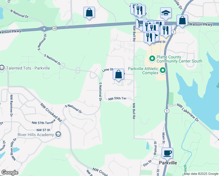 map of restaurants, bars, coffee shops, grocery stores, and more near 9504 Northwest 60 Street in Parkville