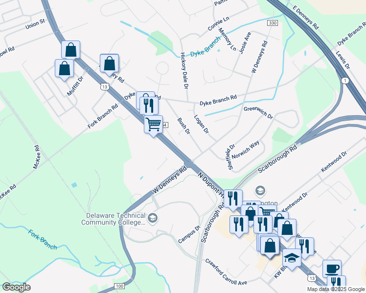 map of restaurants, bars, coffee shops, grocery stores, and more near 3728 North Dupont Highway in Dover