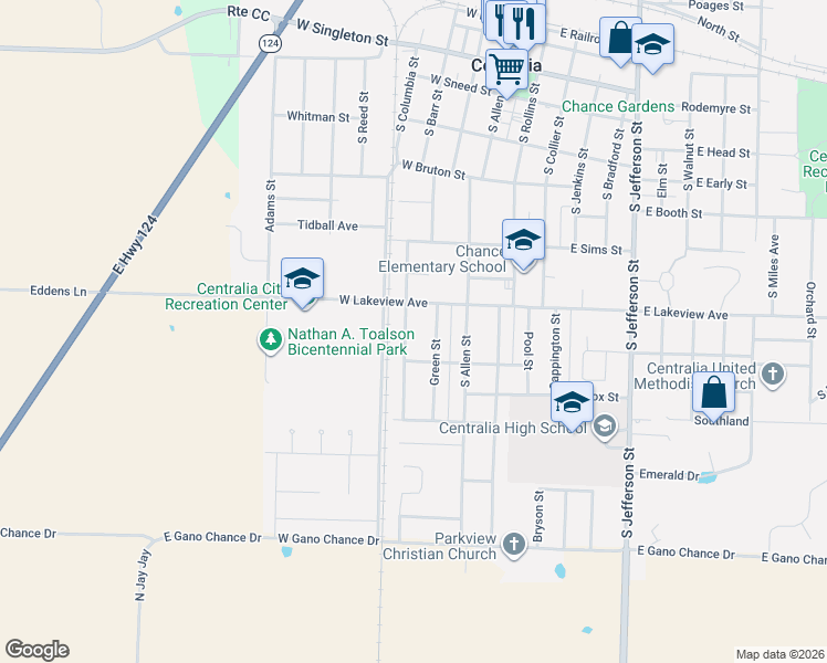 map of restaurants, bars, coffee shops, grocery stores, and more near 605 Green Street in Centralia