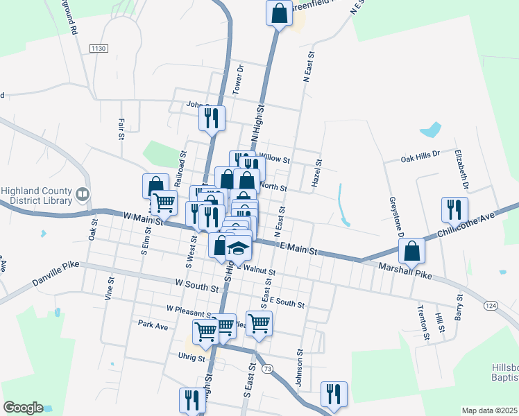 map of restaurants, bars, coffee shops, grocery stores, and more near 130 East Beech Street in Hillsboro
