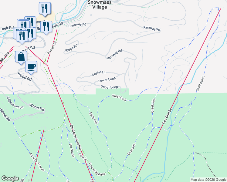 map of restaurants, bars, coffee shops, grocery stores, and more near 1854-2116 Faraway Road in Aspen