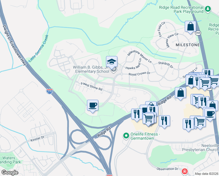 map of restaurants, bars, coffee shops, grocery stores, and more near 12701 Found Stone Road in Germantown