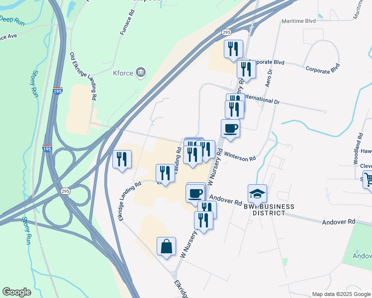 map of restaurants, bars, coffee shops, grocery stores, and more near 939 Elkridge Landing Road in Linthicum Heights