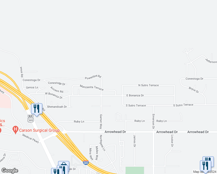 map of restaurants, bars, coffee shops, grocery stores, and more near 150 Manzanita Terrace in Carson City