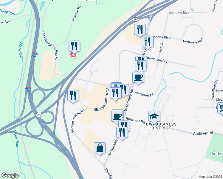 map of restaurants, bars, coffee shops, grocery stores, and more near 939 Elkridge Landing Road in Linthicum Heights