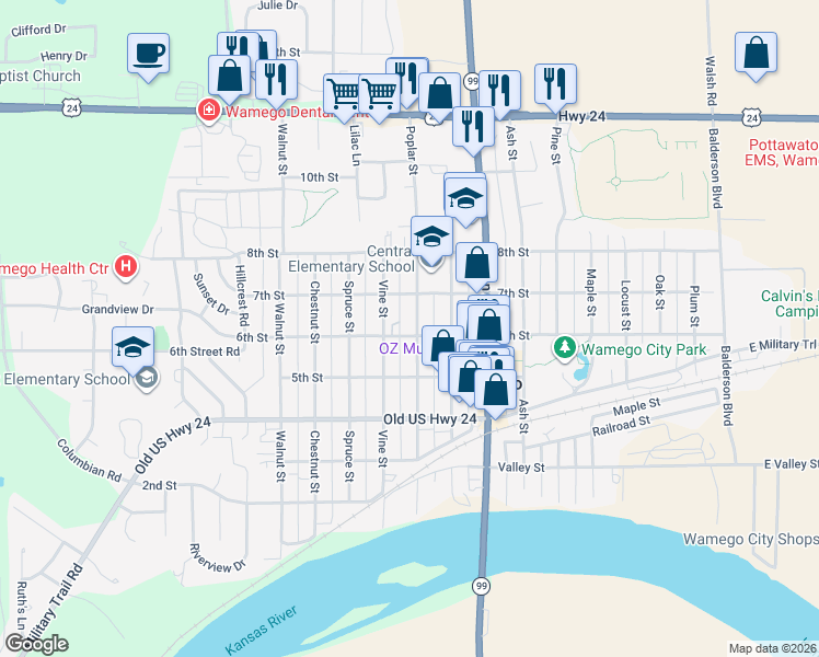 map of restaurants, bars, coffee shops, grocery stores, and more near 606 Poplar Street in Wamego