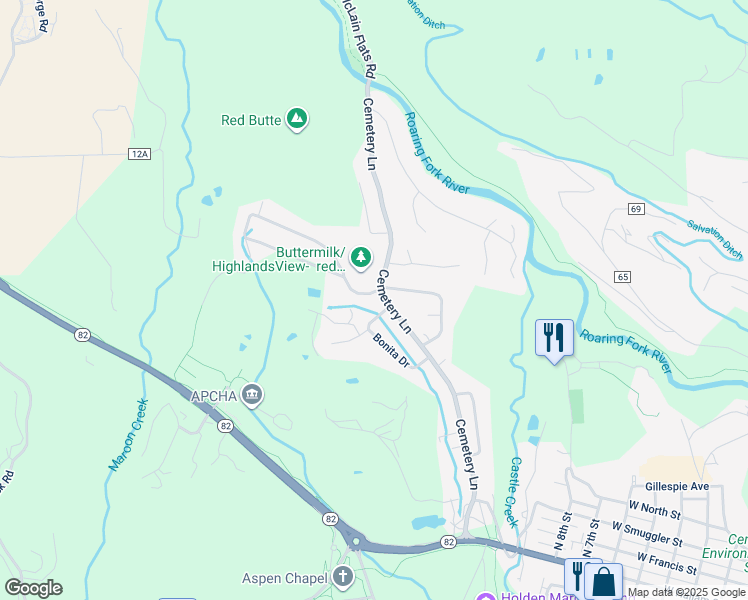 map of restaurants, bars, coffee shops, grocery stores, and more near 1392 Snowbunny Lane in Aspen
